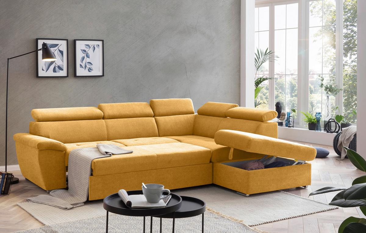 Ecksofa mit Schlaffunktion und Bettkasten Antero Currygelb - Chromfarben/Currygelb, Design, Textil (262/216cm) - Livetastic