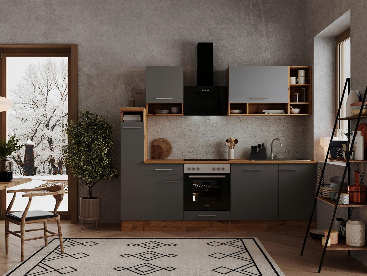 Küchenzeile mit Geräten B: 250 cm Eiche Dekor/Grau - Eichefarben/Grau, Basics, Holzwerkstoff (250cm) - Respekta