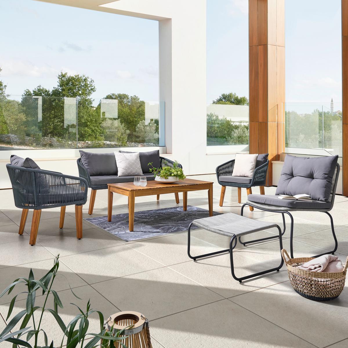 Gartensessel Stahl/Textil Fußhocker - Dunkelgrau/Schwarz, MODERN, Textil/Metall (64-55/80/75cm) - Beldano