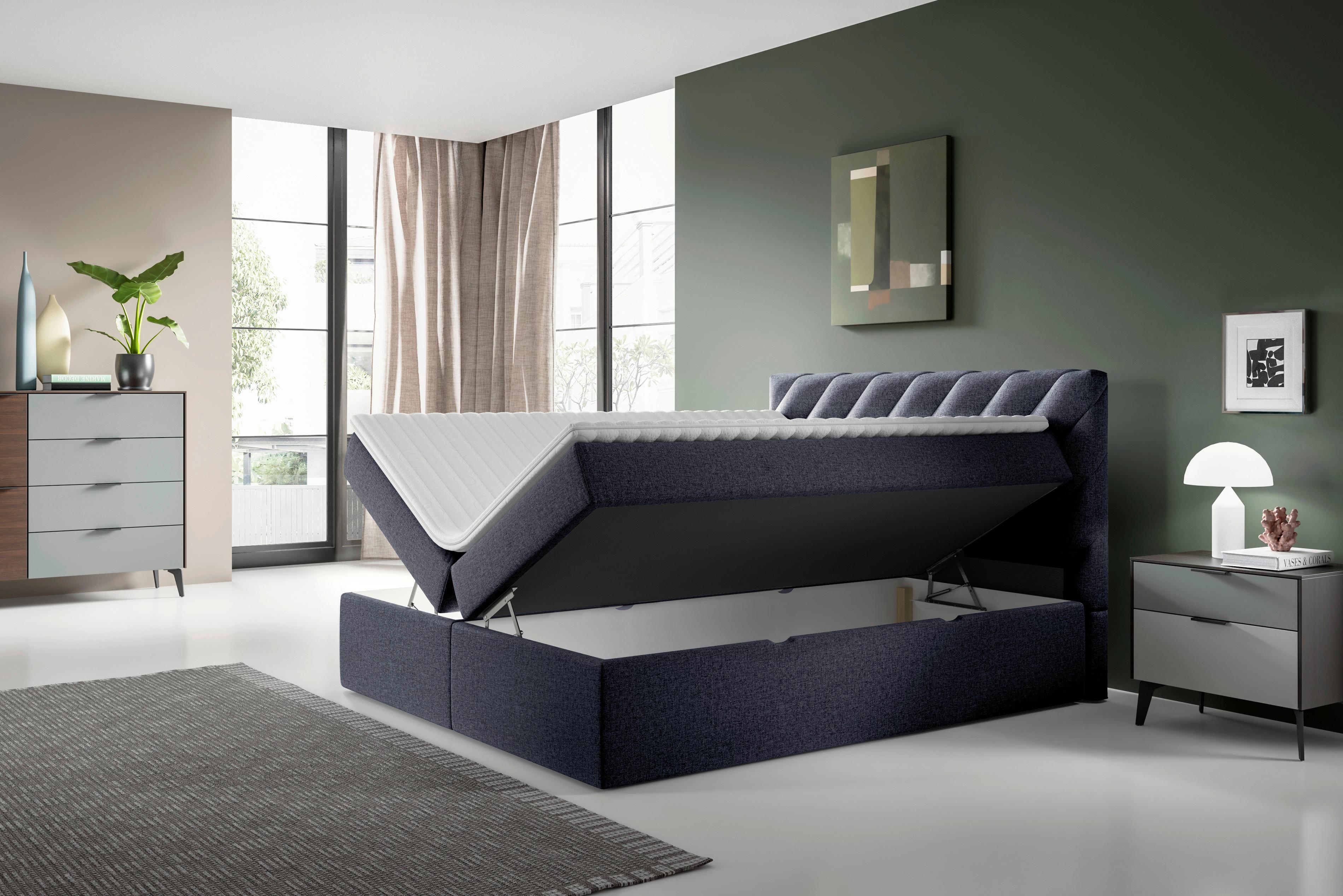 Boxspringbett mit Topper Blau 160x200 cm Gusto - Blau/Schwarz, MODERN, Textil (160/200cm) - MID.YOU