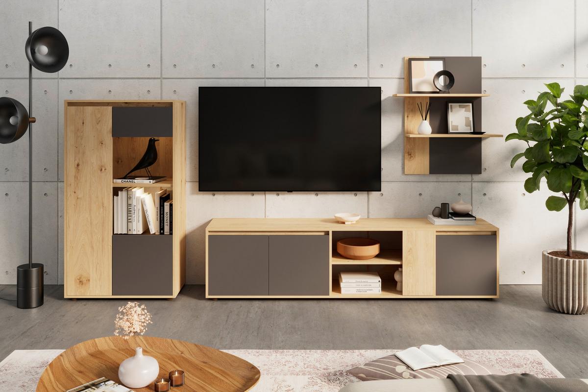 Wohnwand Caneva Anthrazit/Eichefarben B: 268cm - Anthrazit/Schwarz, MODERN, Glas/Holzwerkstoff (268/134/40,3cm)
