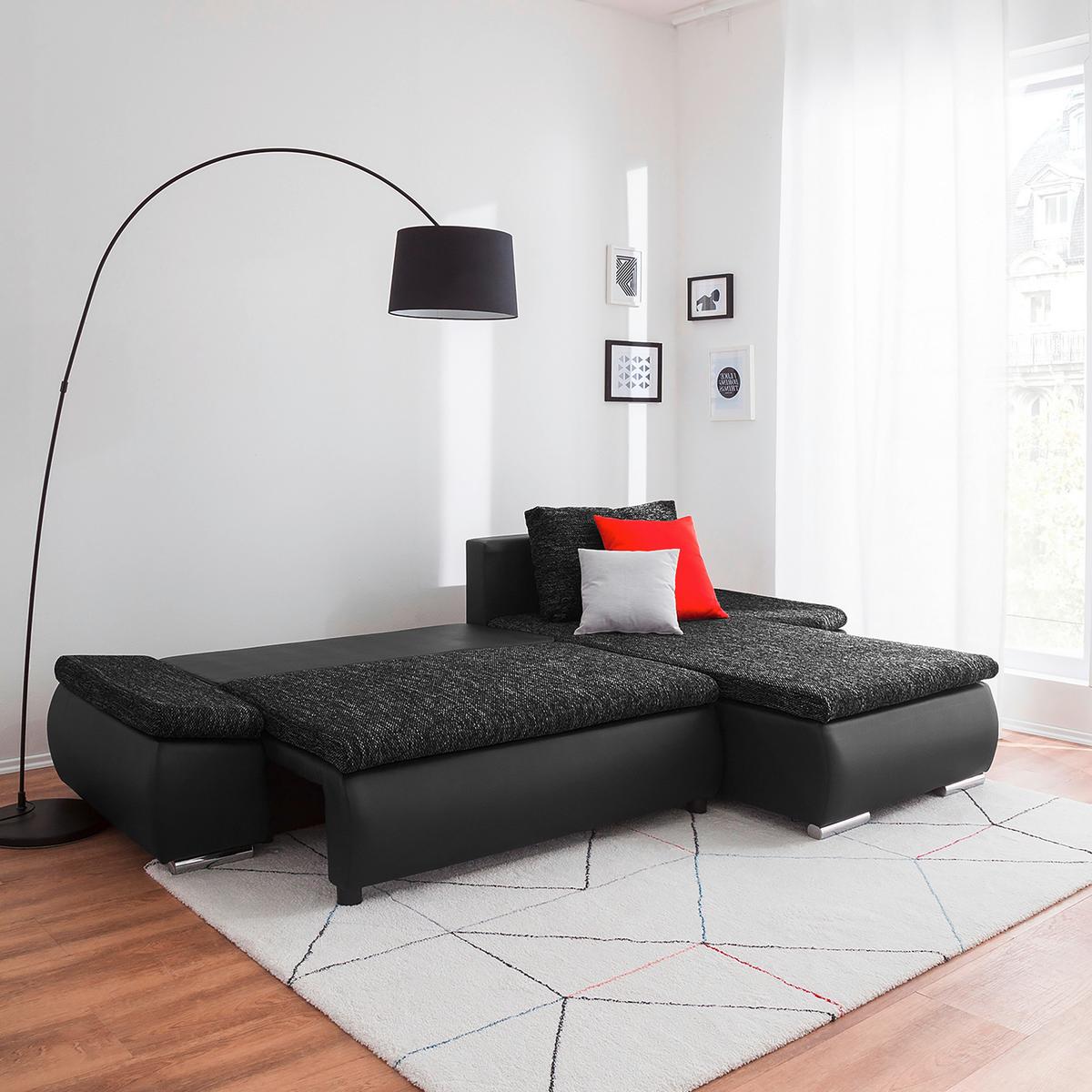 Ecksofa Acra Schwarz S: 266x175 Cm - Chromfarben/Schwarz, Design, Textil (266/175cm) - Livetastic