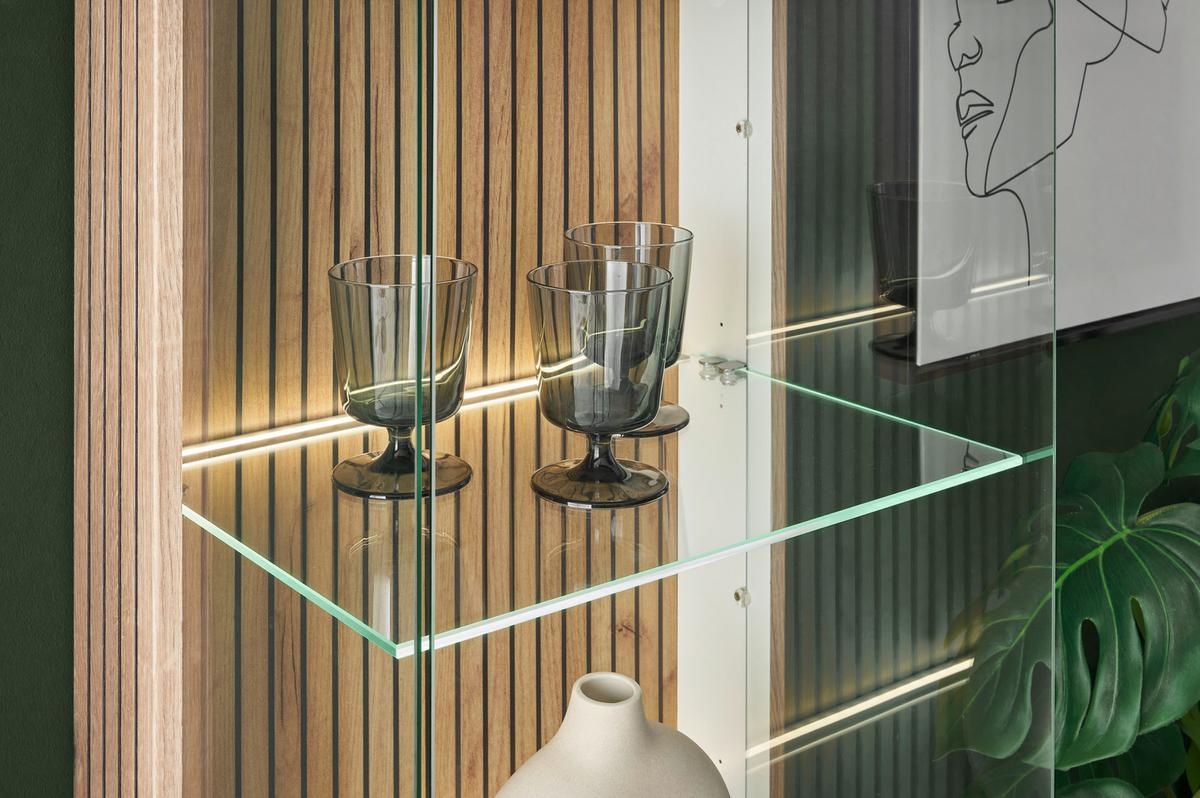 Vitrine Hudson Weiß/Eichefarben B: 48 cm - Eichefarben/Schwarz, Design, Glas/Holzwerkstoff (48/180/38cm) - MID.YOU