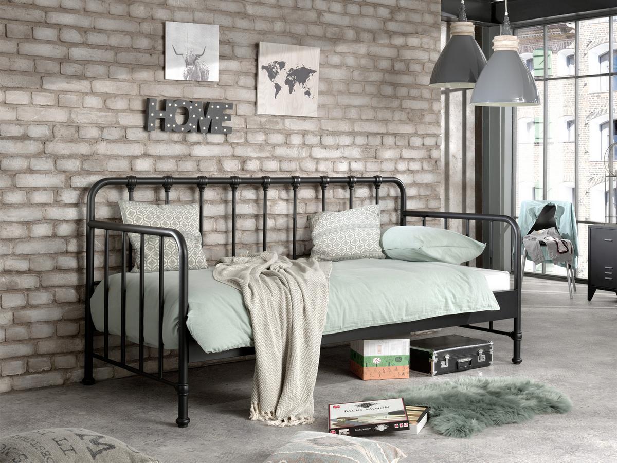 Kinderbett Bronxx 90x200 Cm Eisen Schwarz Mit Rückenlehne - Schwarz, MODERN, Holz/Metall (90/200cm) - Vipack