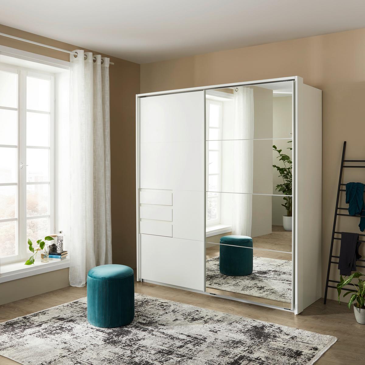 Schwebetürenschrank mit Laden 180 cm Oldenburg, Weiß - Eichefarben/Weiß, KONVENTIONELL, Glas/Holzwerkstoff (180/198/65cm)