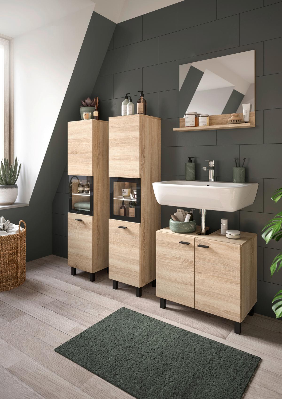 Badezimmer Boston Sonoma Eiche Dekor - Schwarz/Sonoma Eiche, MODERN, Glas/Holzwerkstoff (117cm) - MID.YOU