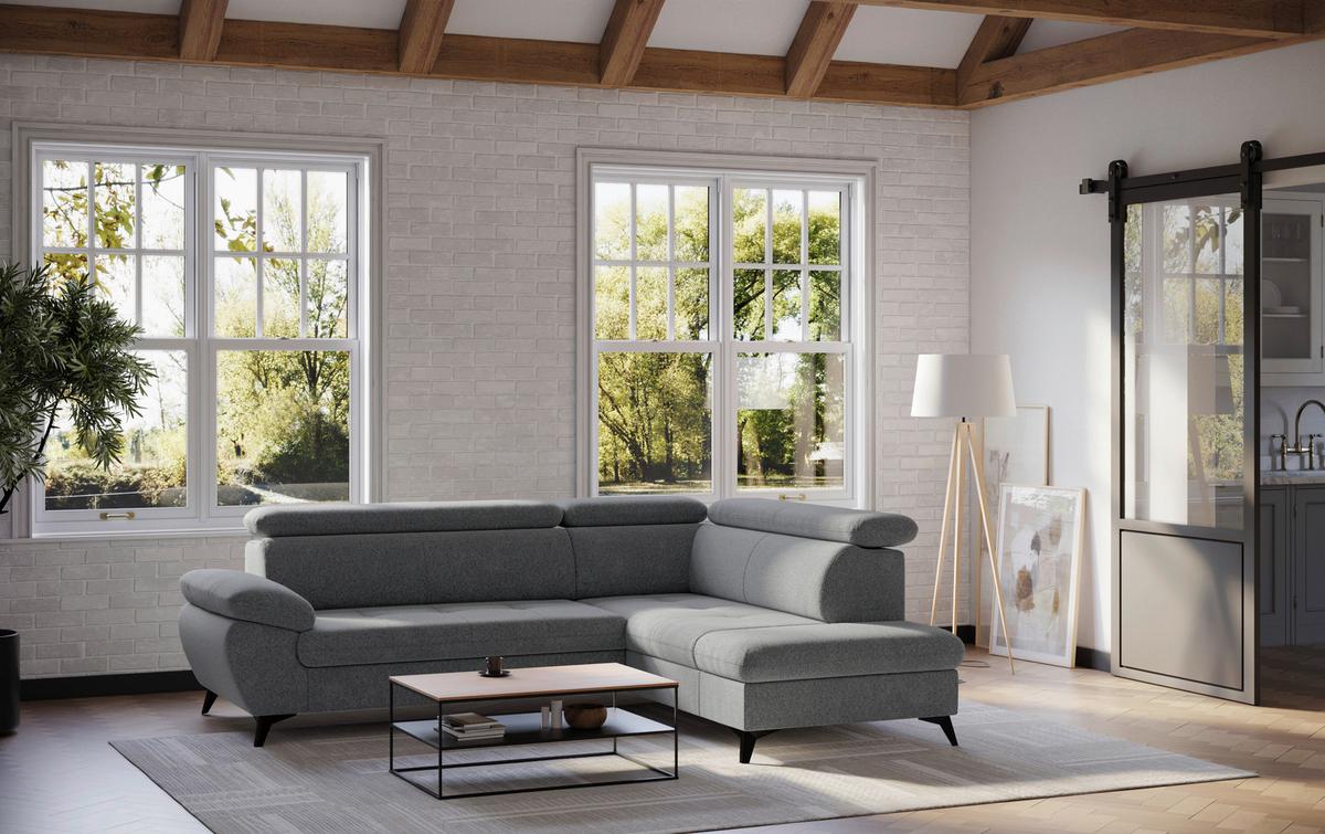 Ecksofa mit Bettfunktion Hudson, Chenille Dunkelgrau - Dunkelgrau/Schwarz, KONVENTIONELL, Textil (256/207cm) - Sembella