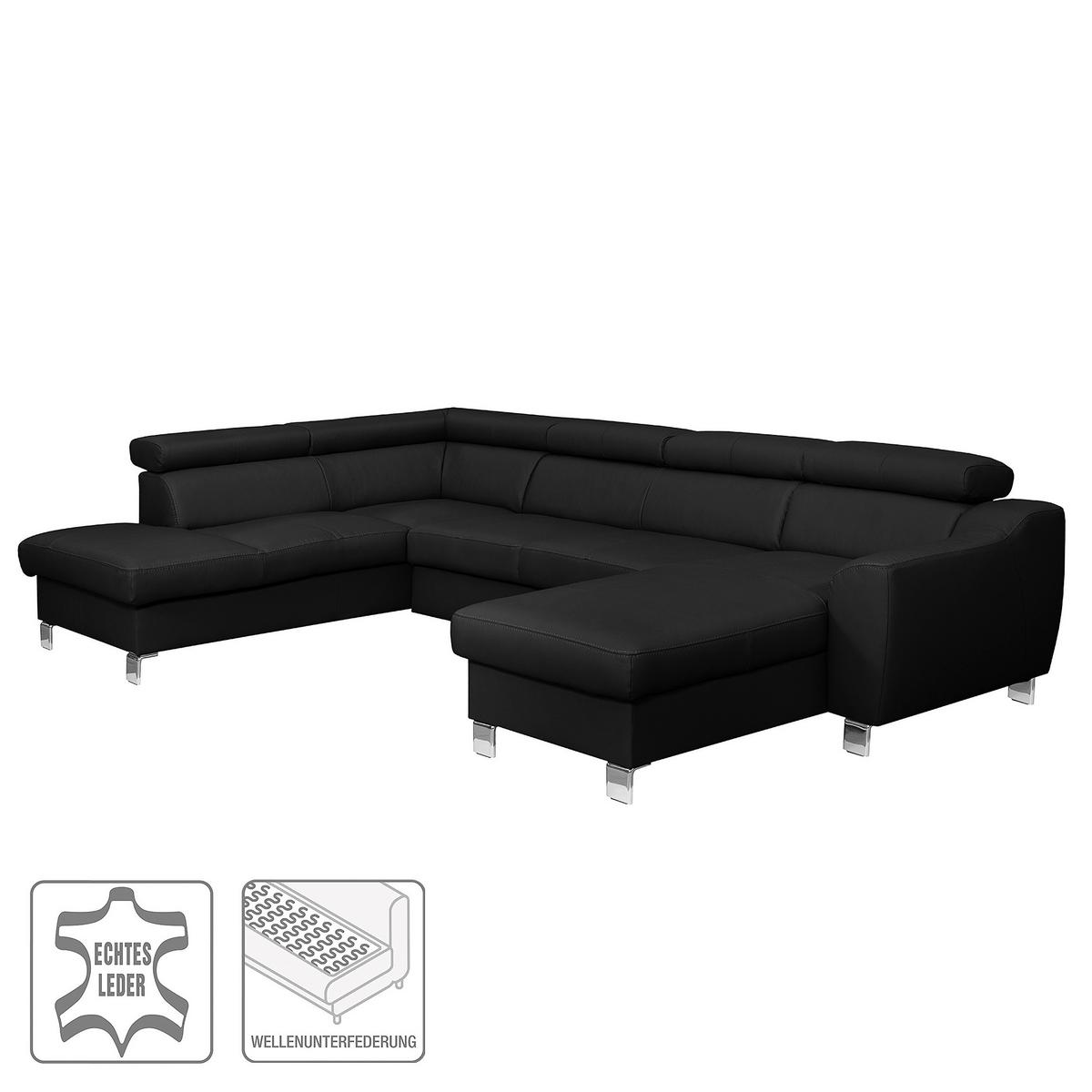 Wohnlandschaft Aspen Schwarz U-Form: 208 cm - Chromfarben/Schwarz, Design, Leder/Textil (208/315/175cm) - Livetastic