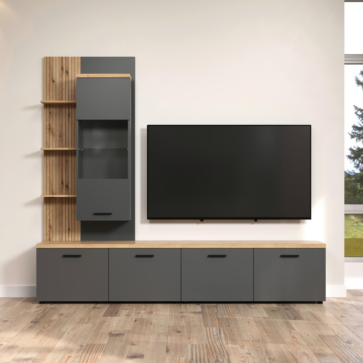 Wohnwand Baggio Anthrazit/Eiche B: 240cm - Eichefarben/Anthrazit, Design, Glas/Holzwerkstoff (240/212/40cm) - MID.YOU