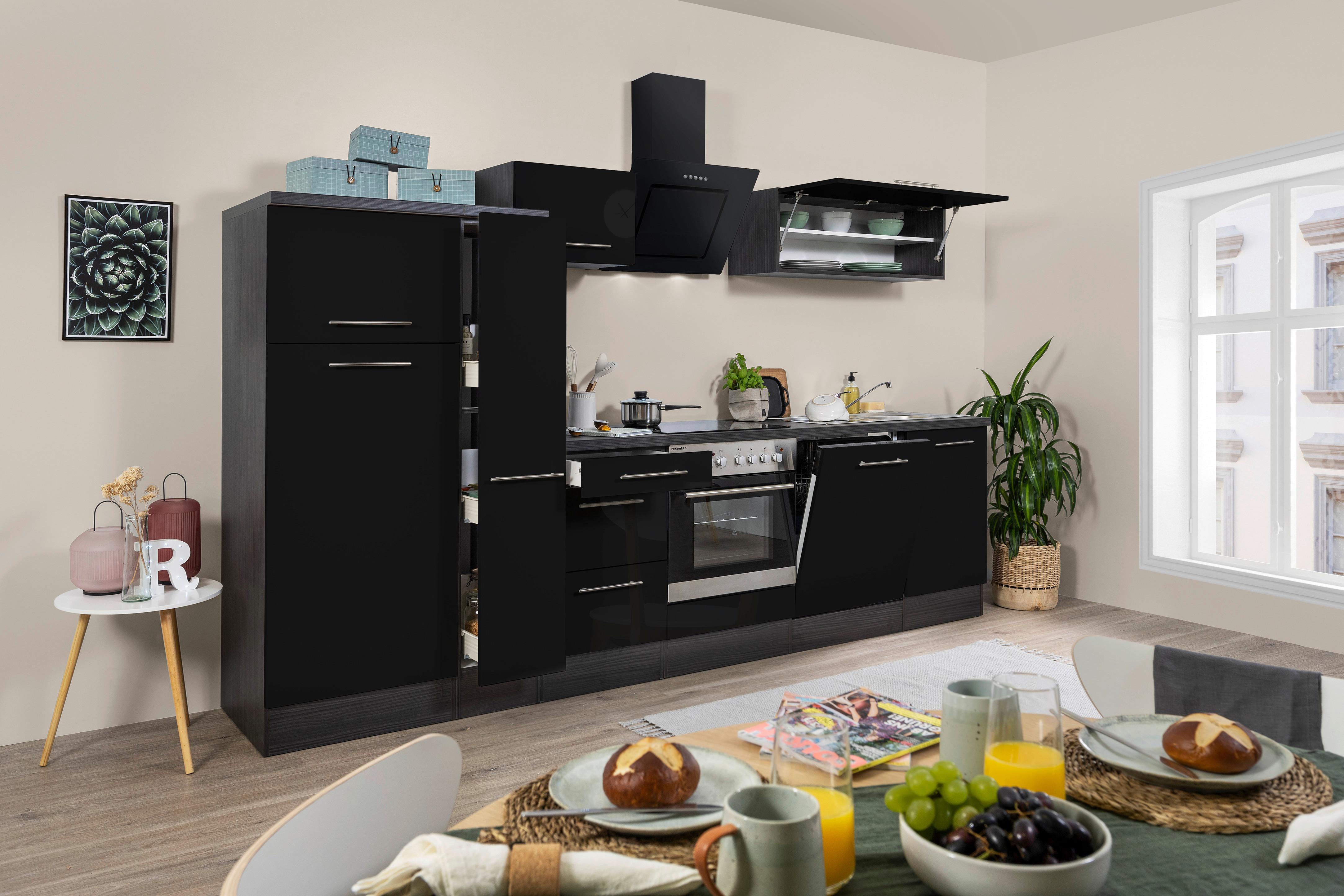 Küchenzeile mit Geräten 310 cm Schwarz Hochglanz - Eichefarben/Schwarz, Basics, Holzwerkstoff (310cm) - Respekta