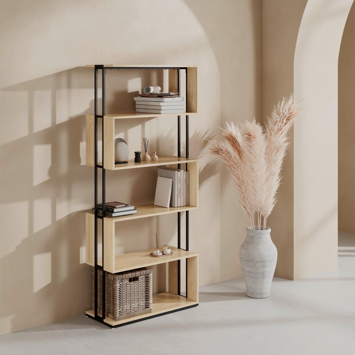 REGÁL FINN - černá/barvy dubu, Moderní, kov/kompozitní dřevo (80/185/35cm) - Bessagi Home