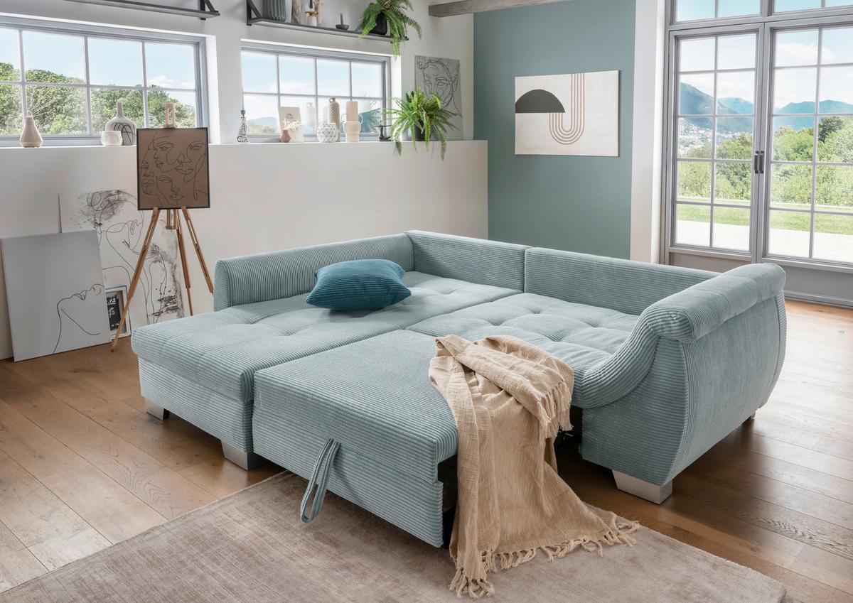 Ecksofa mit Schlaffunktion Flora Blau Cord - Blau/Silberfarben, Design, Textil (190/250cm) - MID.YOU