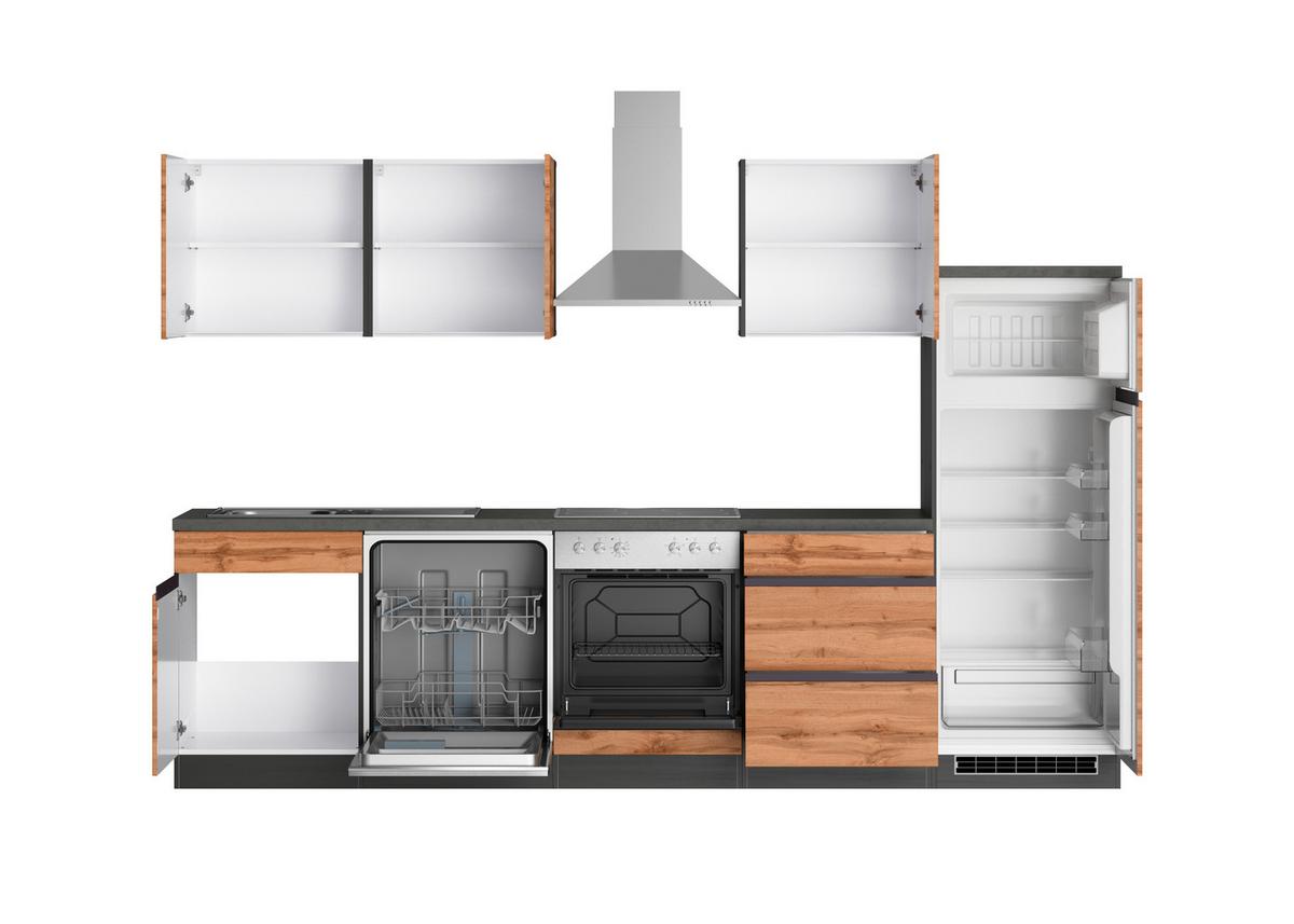 Küchenzeile Turin Mit Geräte B: 300 Cm Graphit/eiche Dekor - Eiche Wotan/Graphitfarben, Design, Holzwerkstoff (300cm) - Held
