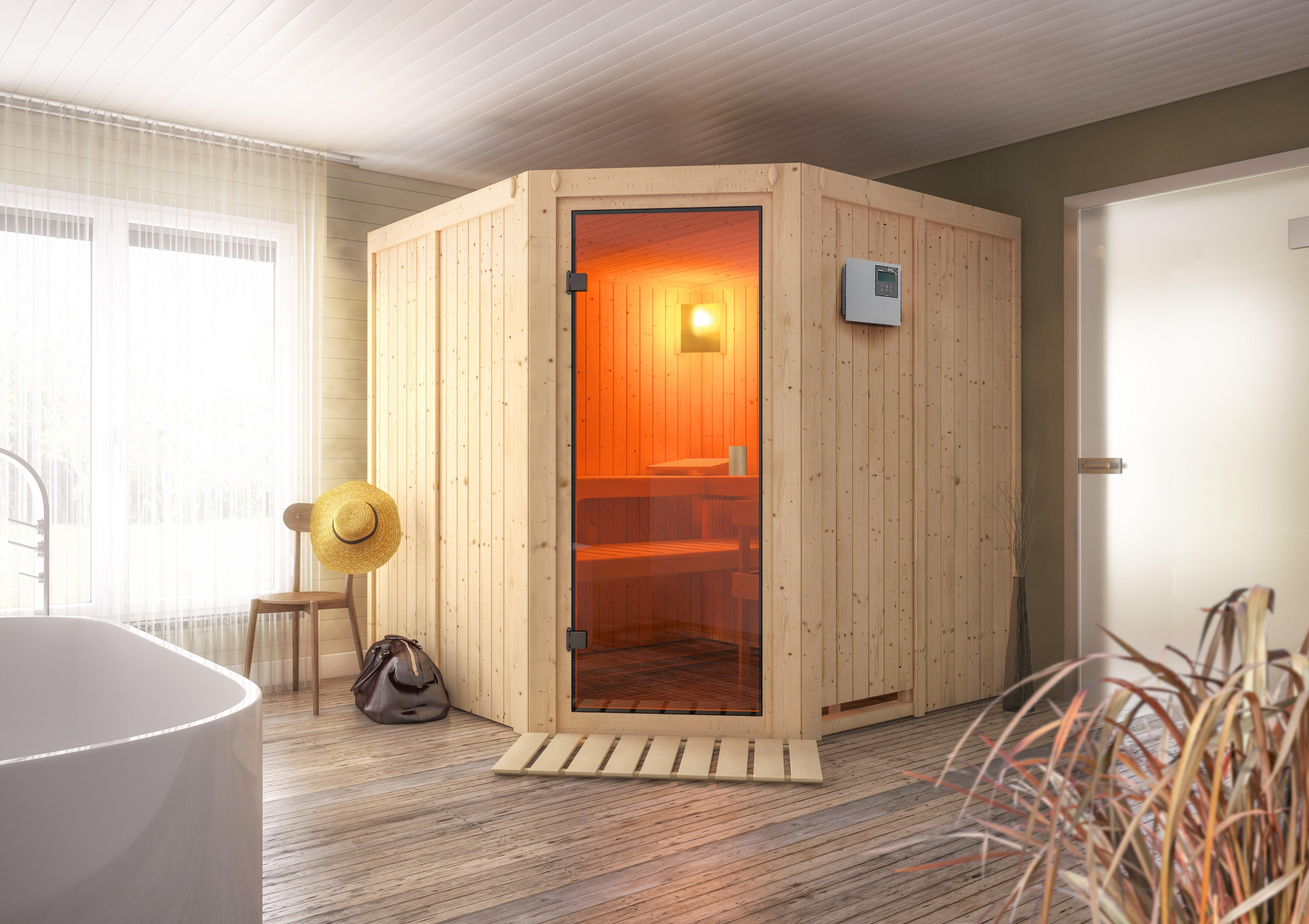 Sauna Nizza Mit Ext. Steuerung 9-Kw-Ofen - Naturfarben, MODERN, Holz (196/198/196cm) - Karibu