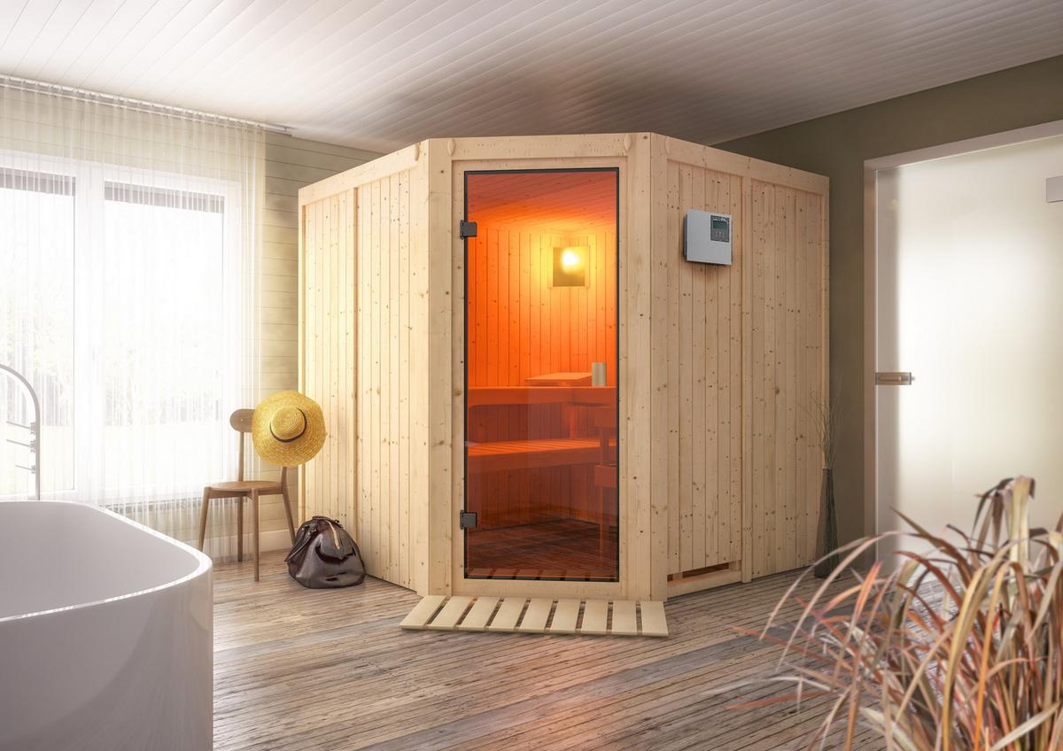 Sauna Nizza Mit Ext. Steuerung 9-Kw-Ofen - Naturfarben, MODERN, Holz (196/198/196cm) - Karibu