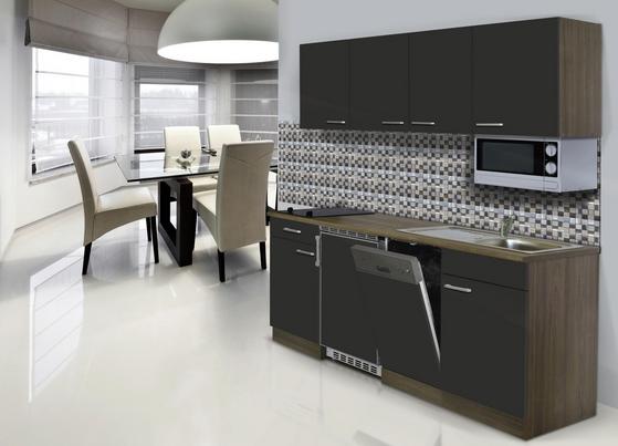 Praktische Küchenzeile mit grauen Fronten und Korpus in Eiche Dekor Praktische Küchenzeile mit grauen Fronten und Korpus in Eiche Dekor