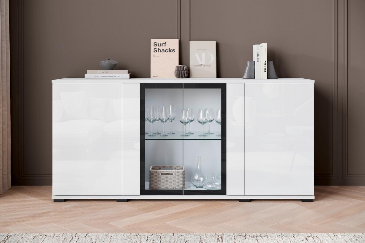 Kommode Caro Weiß B: 150 cm - Weiß Hochglanz/Schwarz, Design, Glas/Holzwerkstoff (150/69,7/39,5cm) - Livetastic