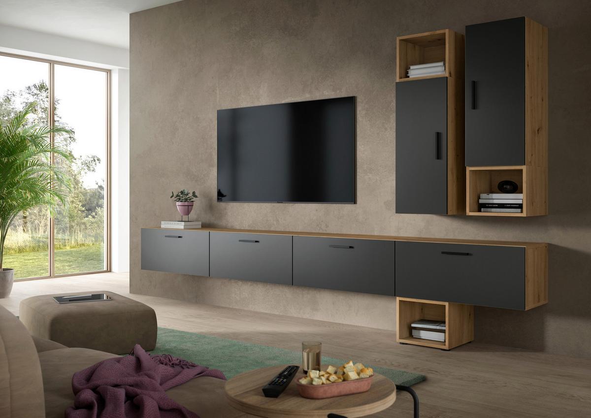Wohnwand, The One 7, B: 300 cm Grau/Artisan Eiche Dekor - Schwarz/Eiche Artisan, Trend, Holzwerkstoff (300/178/34cm)