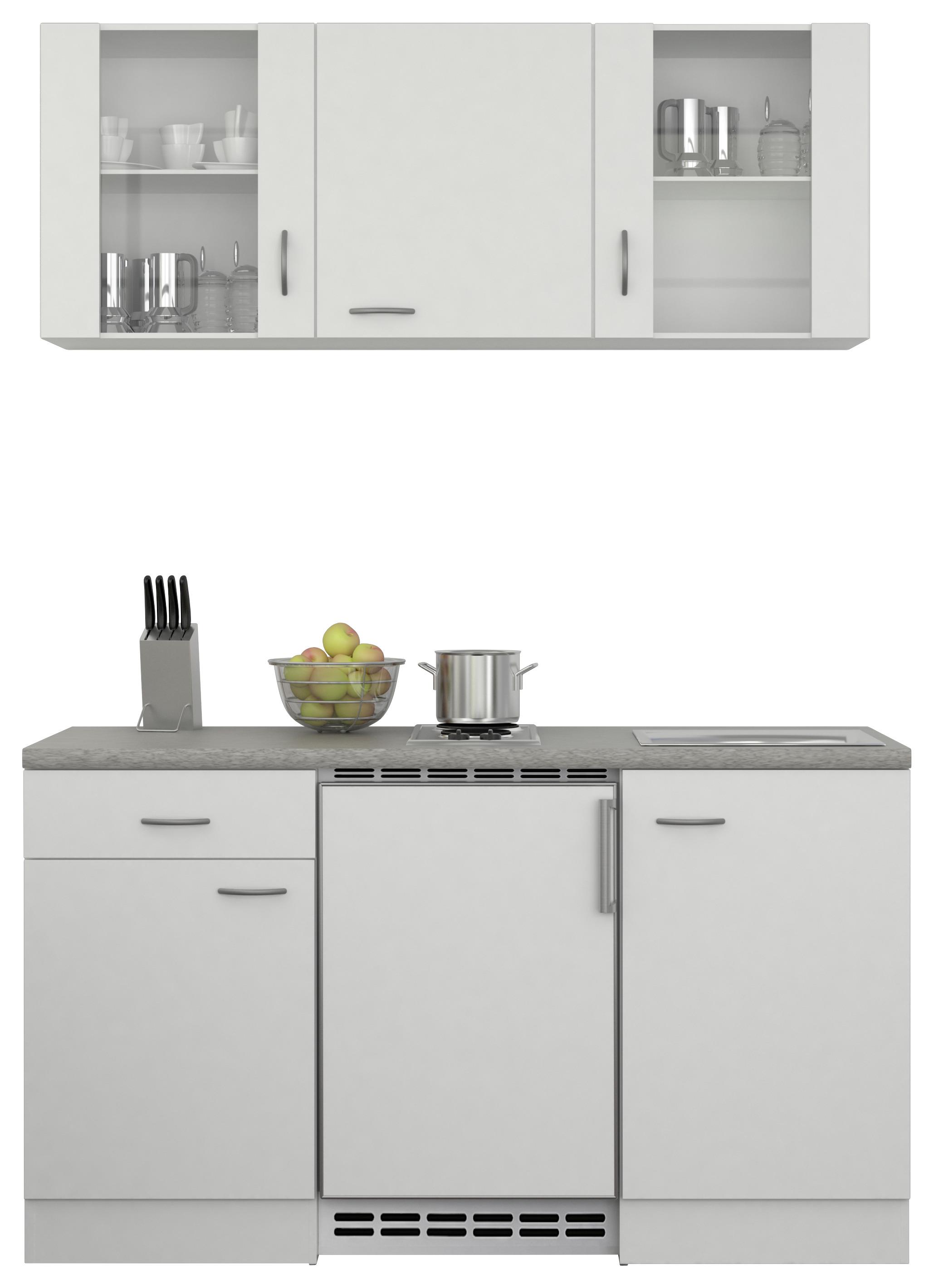 Miniküche mit Kühlschrank + Kochfeld 150cm Weiß/Grau Dekor - Weiß/Grau, MODERN, Glas/Holzwerkstoff (150cm) - FlexWell