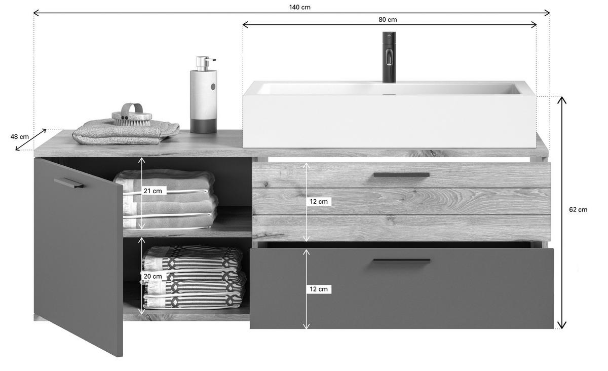 Badezimmer Mason Eiche Dekor Grau - Eichefarben/Weiß Hochglanz, MODERN, Glas/Keramik (140cm) - MID.YOU