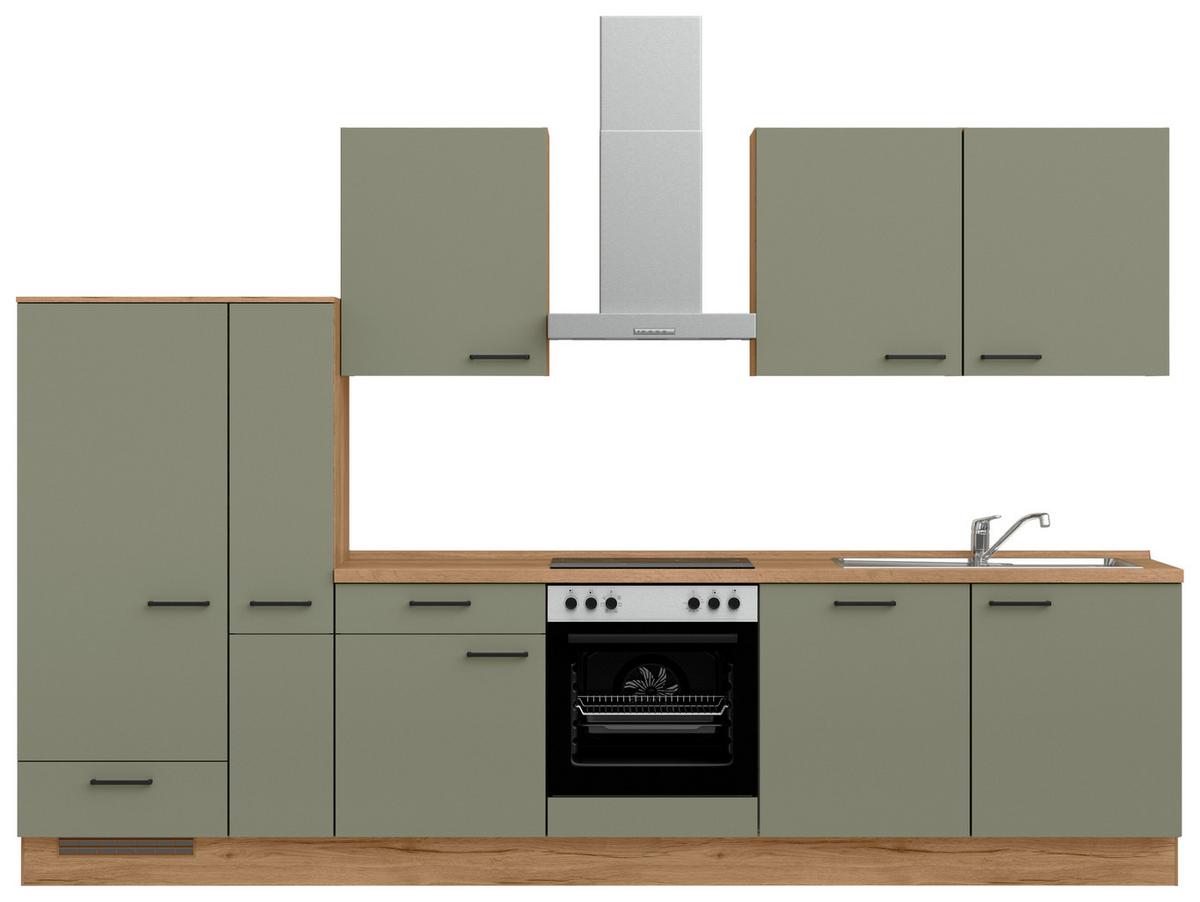Kuchyňská linka 330 cm, olivově zelená - barvy dubu/černá, Moderní, kov/kompozitní dřevo (330cm) - Nobilia