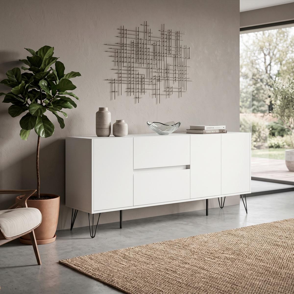 Sideboard Posseik Industrial Weiß B: 177 cm - Weiß Hochglanz/Schwarz, Design, Holzwerkstoff (177/75,8/42cm) - MID.YOU