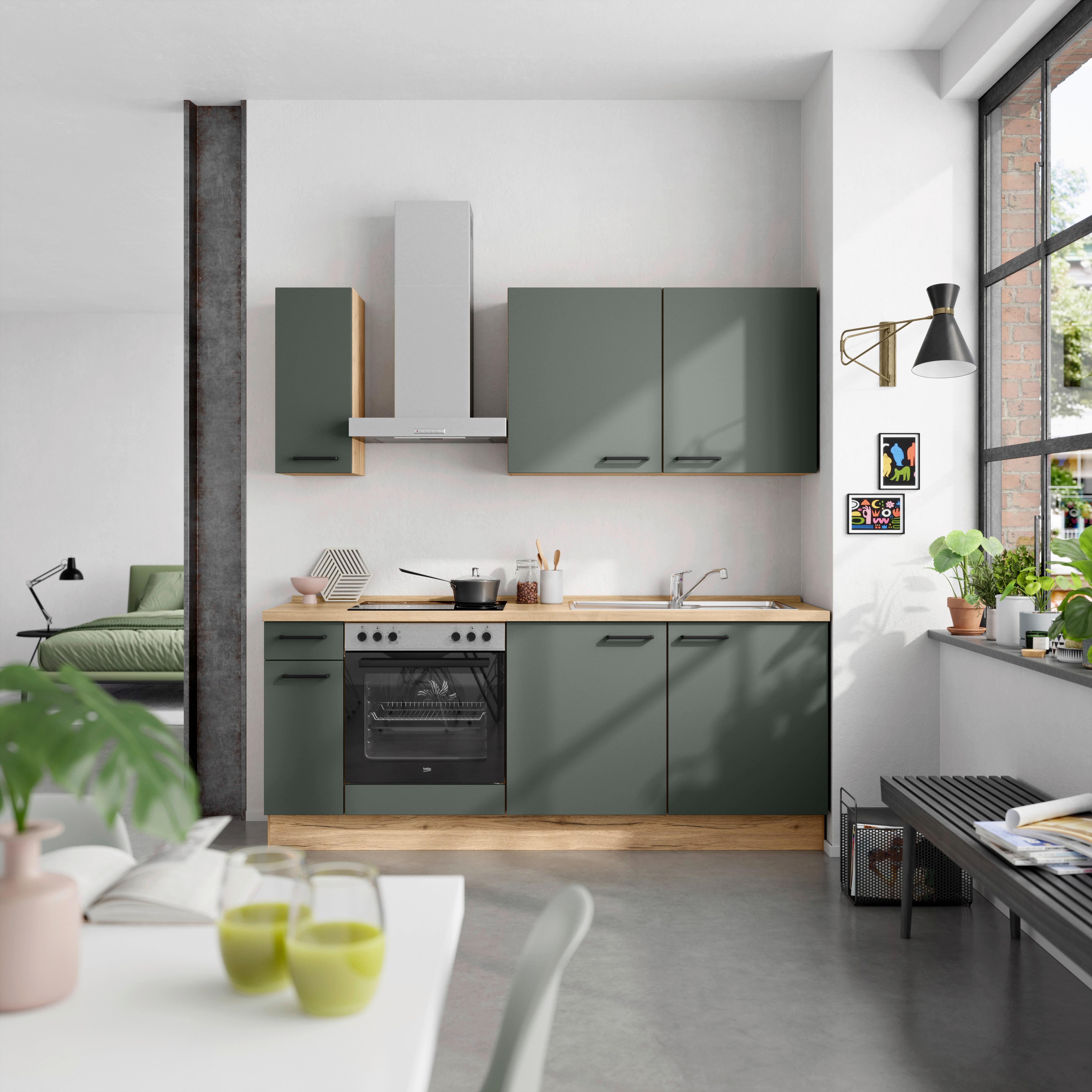 Küchenleerblock Easytouch Low-Line, L5 Links - Dunkelgrün/Eichefarben, MODERN, Holzwerkstoff (210cm) - Nobilia