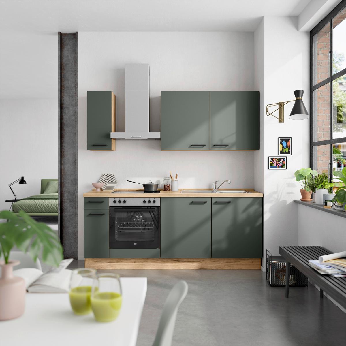 Küchenleerblock Easytouch Low-Line, L5 Links - Dunkelgrün/Eichefarben, MODERN, Holzwerkstoff (210cm) - Nobilia