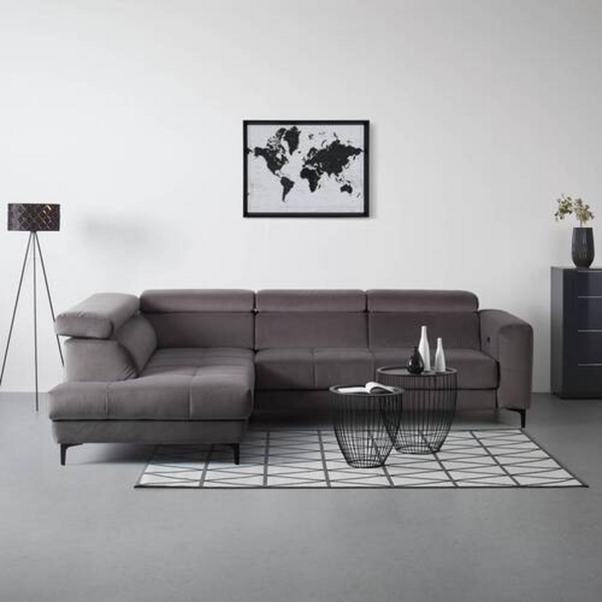 Rohová sedačka EMMA, ľavá, sivá,nast.op.hl,USB,el.výsuv - čierna/sivá, Modern, textil (210/301cm) - Premium Living