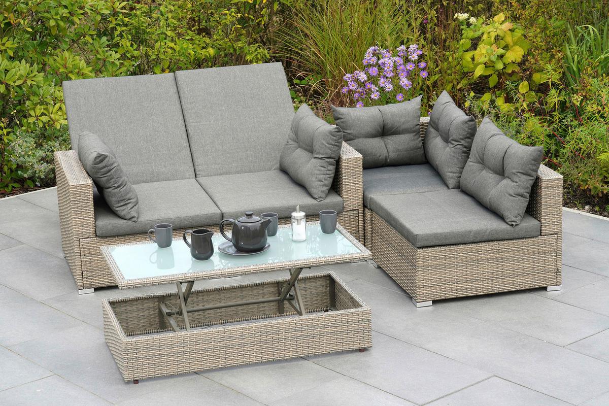 Loungegarnitur 7-Tlg. Vilemanzano aus Kunststoff - Naturfarben/Grau, MODERN, Glas/Kunststoff - Gardenson