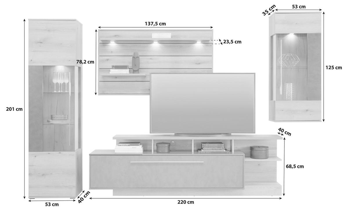 Wohnkombination Modern 4-Tlg. Limit Matera/Eiche Dekor - MODERN, Glas/Holzwerkstoff (326/201/40cm)