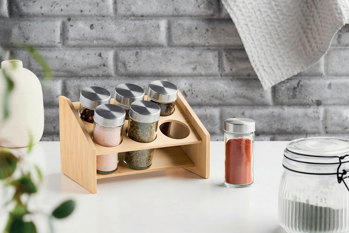 Polička na koreničky PETRA - priehľadné/svetlohnedá, Konventionell, kov/drevo (13,80/19/13,80cm)