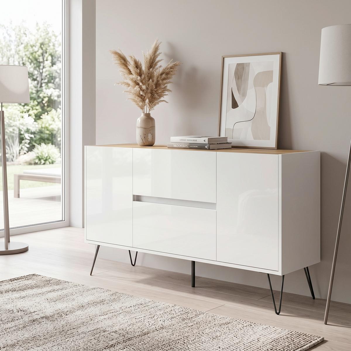 Sideboard Posseik Industrial Weiß/Eichefarben B: 139 cm - Weiß Hochglanz/Eichefarben, Design, Holzwerkstoff (139/75,8/42cm) - MID.YOU