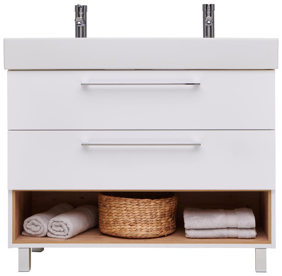 Badezimmer Mura Eiche Dekor/weiß Hg B: 170 Cm - Weiß Hochglanz/Eiche Artisan, MODERN, Keramik/Holzwerkstoff (170/173,5/46,5cm)