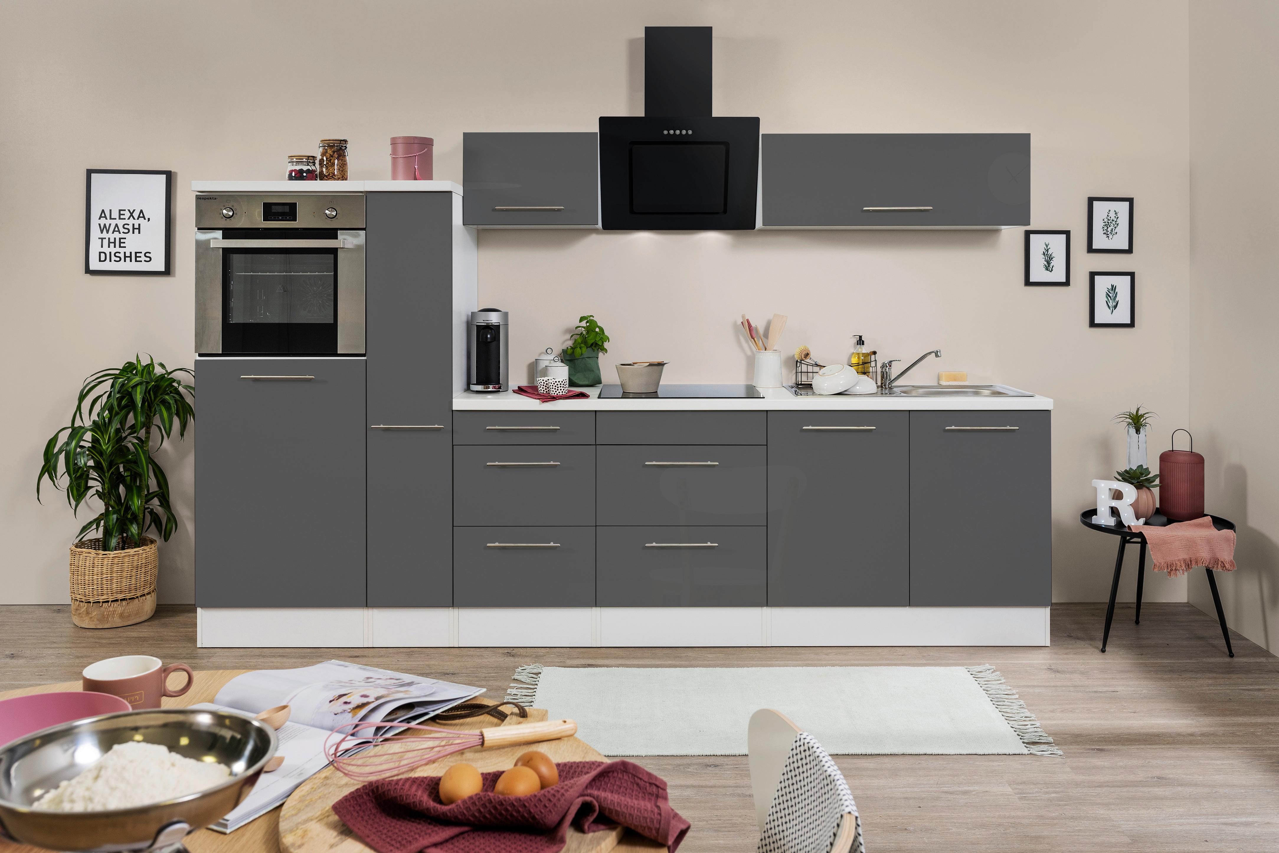 Küchenzeile mit Geräten 300 cm Grau Hochglanz/Weiß - Weiß/Grau, KONVENTIONELL, Holzwerkstoff (300cm) - Respekta