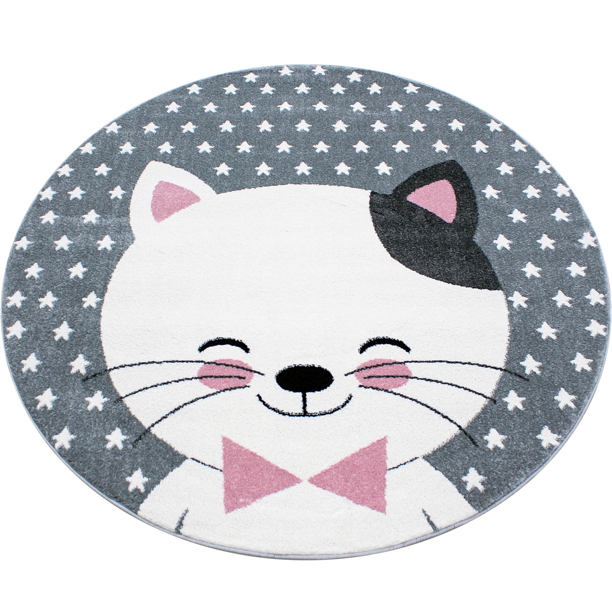 Kinderteppich Rund Katze Grau/Weiß/Pink Kids Ø 120 cm - Pink/Weiß, Trend, Textil (120cm)