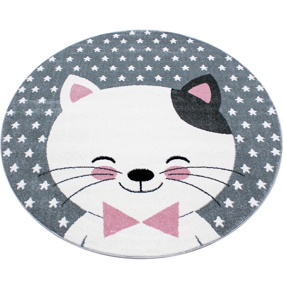Kinderteppich Rund Katze Grau/weiß/pink Kids Ø 120 Cm - Pink/Weiß, Trend, Textil (120cm)
