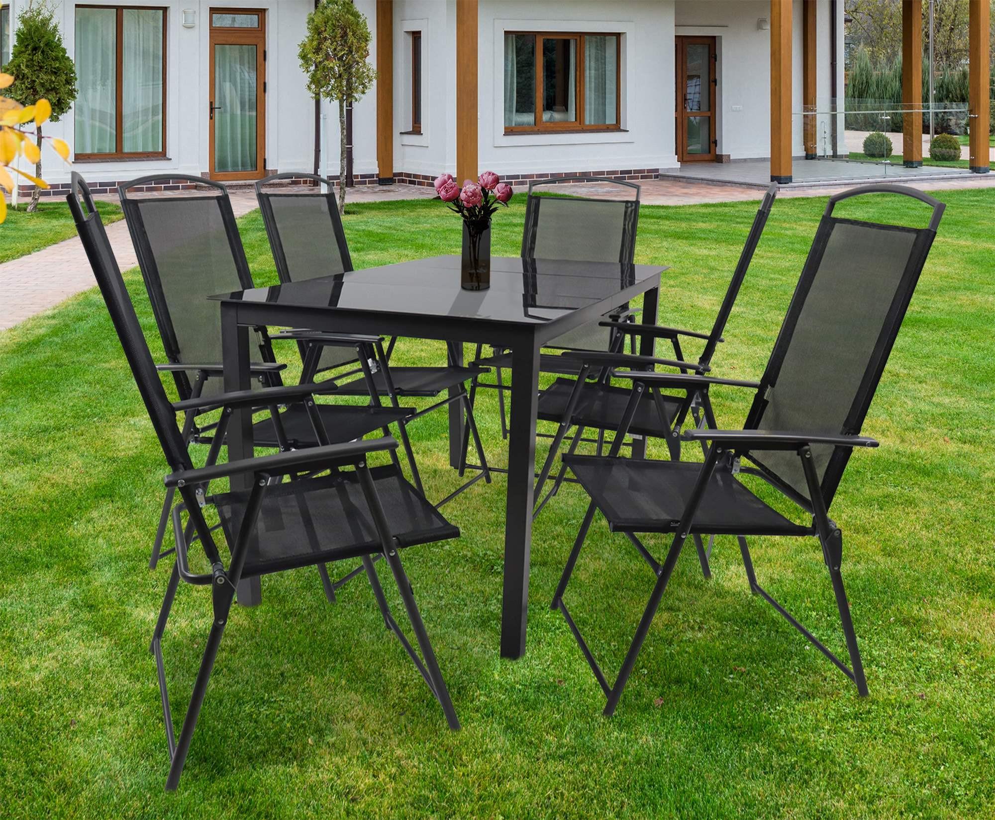 Gartenmöbel Set 7-Tlg. aus Metall/Textil/Glas - Anthrazit/Schwarz, Basics, Glas/Textil - Gardenson