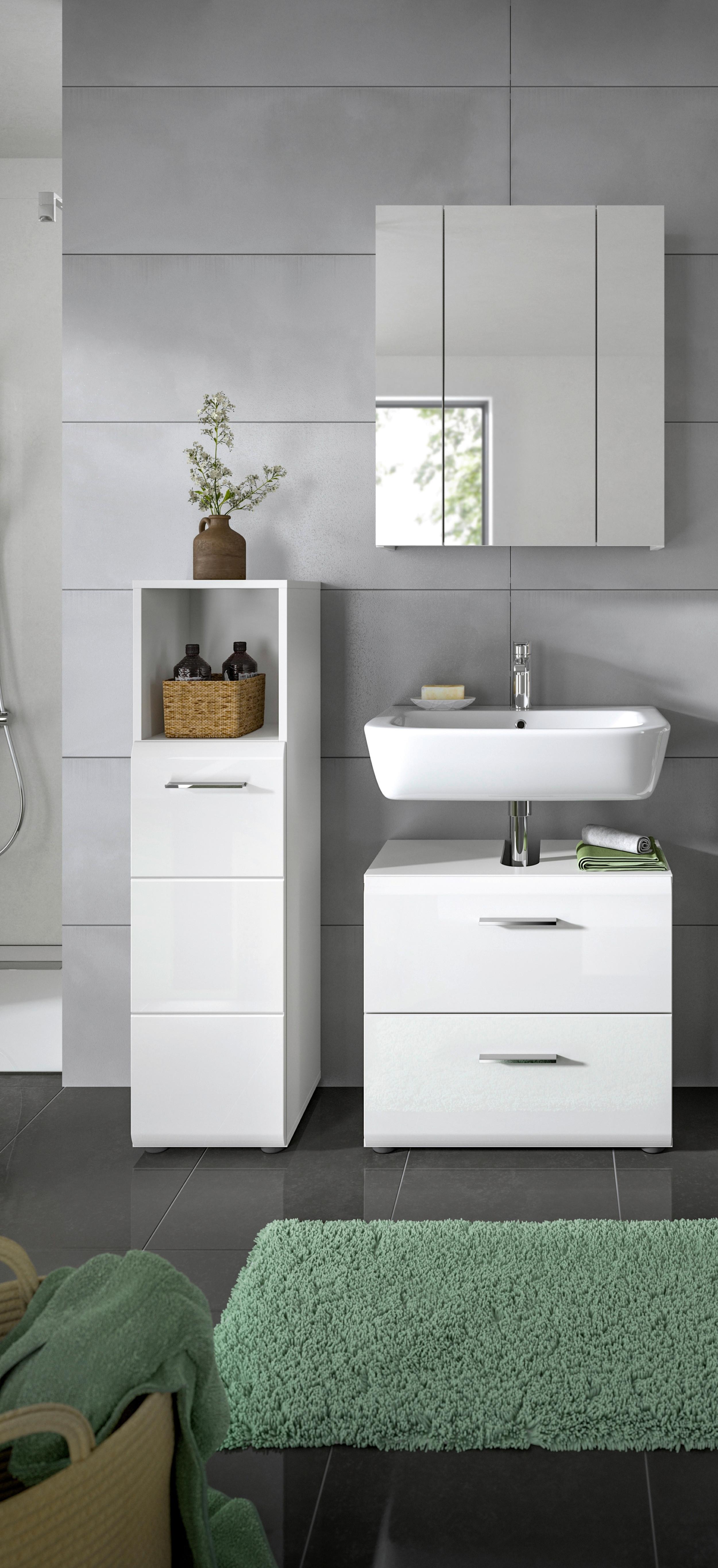Badezimmer Ice Weiß Hg B: 90 cm - Weiß Hochglanz/Schwarz, MODERN, Glas/Holzwerkstoff (90cm) - MID.YOU