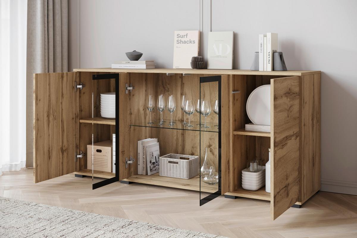Kommode Caro Eiche Wotan B: 150 cm - Eiche Wotan/Schwarz, Design, Glas/Holzwerkstoff (150/69,7/39,5cm) - Livetastic
