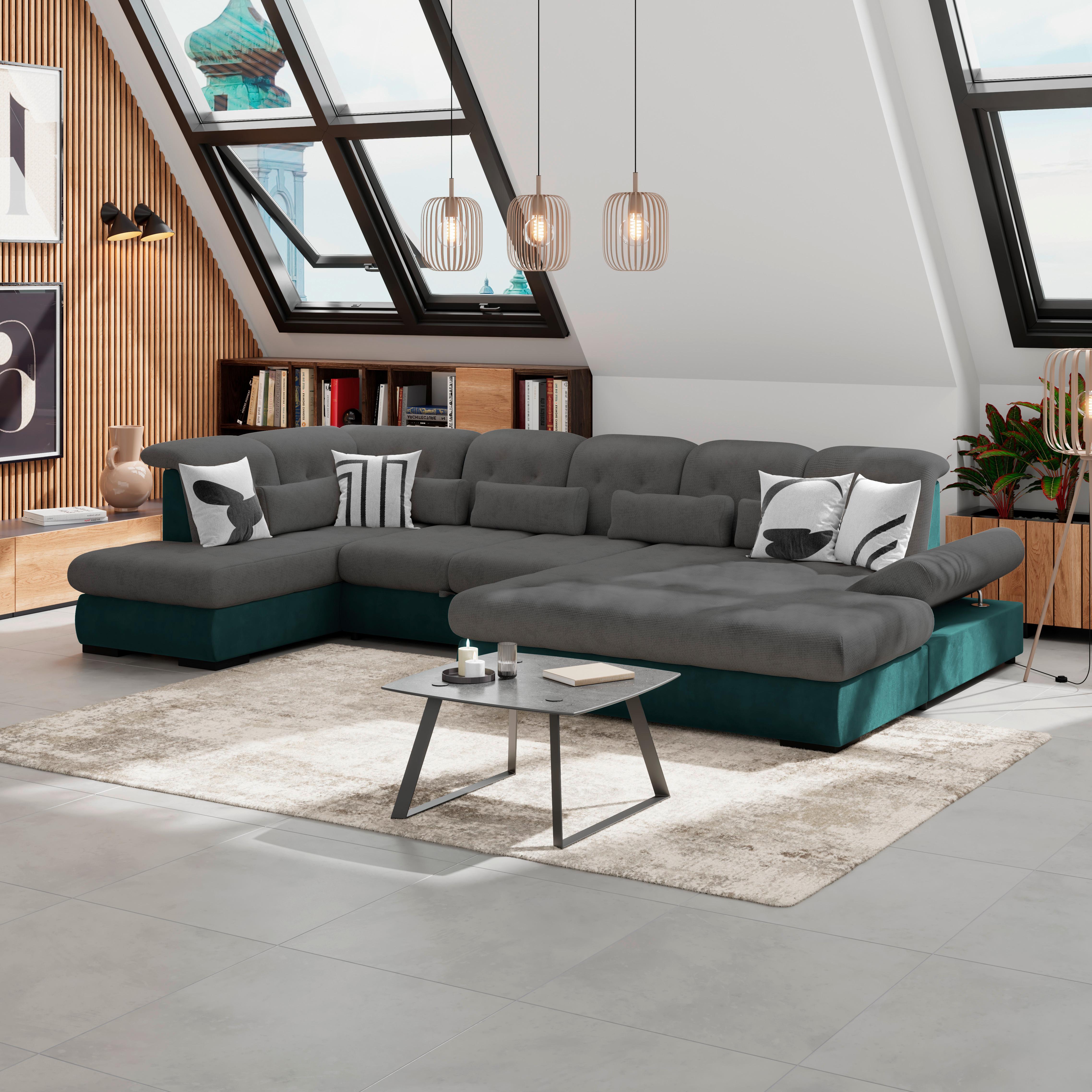 Wohnlandschaft Madera Anthrazit S: 212x358 Cm - Türkis/Anthrazit, KONVENTIONELL, Kunststoff/Textil (212/358/190cm)