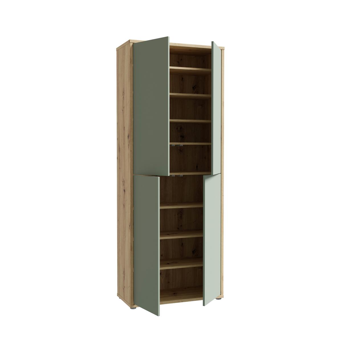Skříň na boty, pastelově zelená/dub artisan - šedá/šalvějově zelená, Moderní, kompozitní dřevo/plast (74,5/191,9/34,9cm)