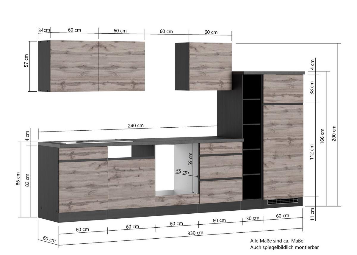 Küchenzeile Turin ohne Geräte B: 330cm Grau/Wotaneiche Dekor - Eiche Wotan/Grau, Design, Holzwerkstoff (330cm) - Held