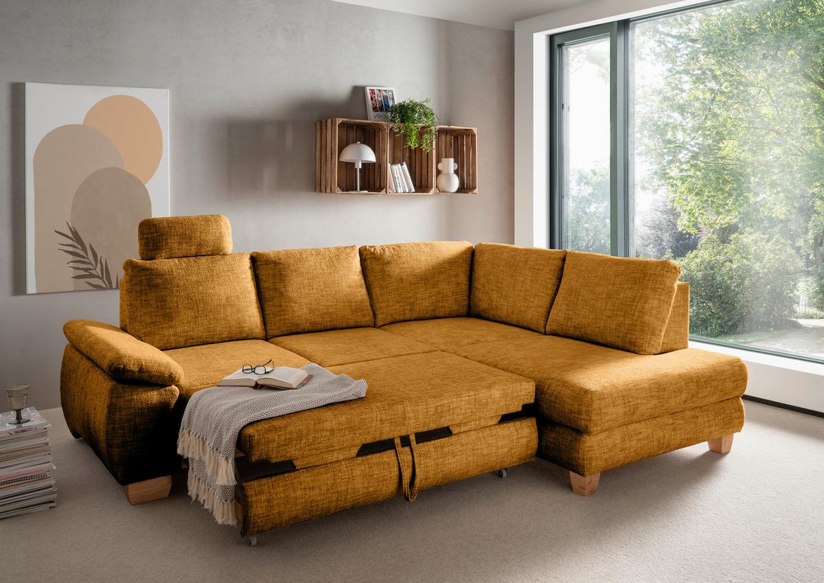 Eckschlafsofa Positano Goldfarben S: 265x206 Cm - Wildeiche/Goldfarben, MODERN, Textil (265/206cm) - Livetastic