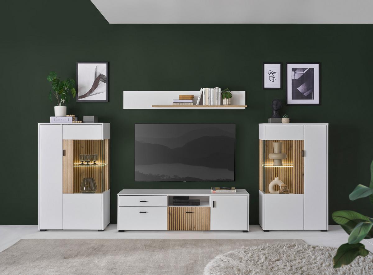 Hudson Wohnwand Weiß/Eichefarben B: 320 cm - Eichefarben/Schwarz, Design, Glas/Holzwerkstoff (320/180/42cm) - MID.YOU