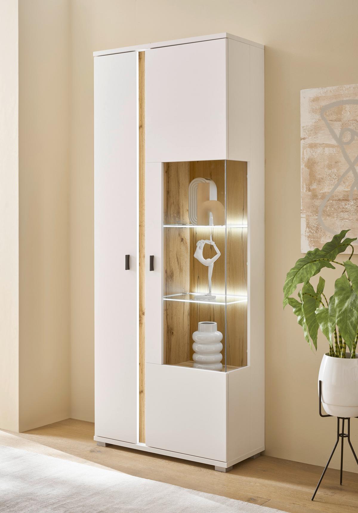 Vitrine Long Island Weiß/Eiche Wotan B: 80 cm - Silberfarben/Eiche Wotan, Design, Glas/Holzwerkstoff (80/200/35cm) - MID.YOU