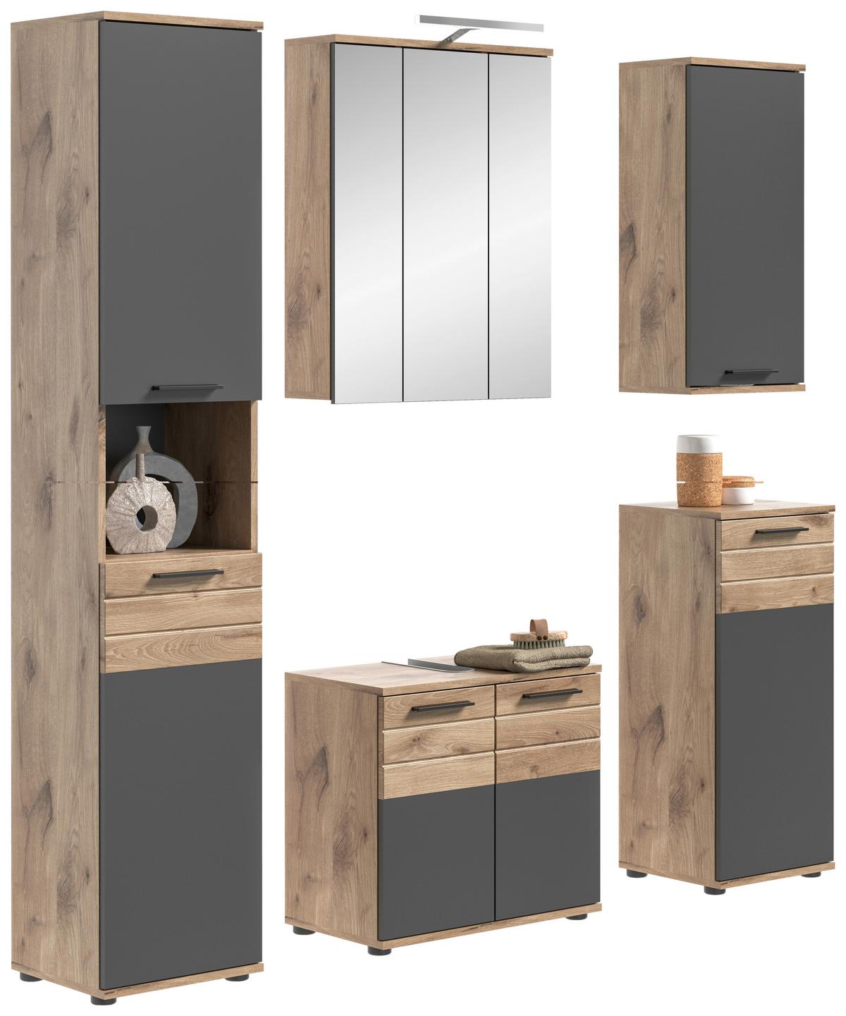 Badezimmer Mason Grau Eiche Dekor - Erlefarben/Schwarz, MODERN, Glas/Holzwerkstoff (134cm) - MID.YOU