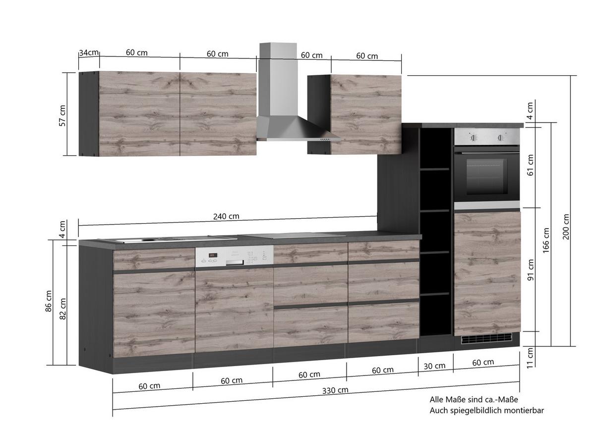Küchenzeile Turin mit Geräten B: 330 cm Graphit/Eiche Dekor - Eiche Wotan/Graphitfarben, Design, Holzwerkstoff (330cm) - Held
