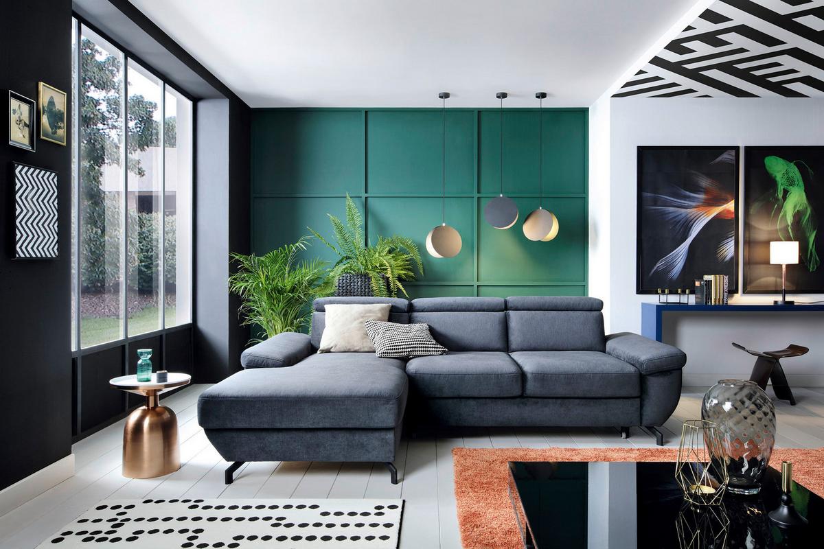 Ecksofa Rima - Silberfarben/Dunkelblau, MODERN, Textil (182/262cm) - Trendmanufaktur