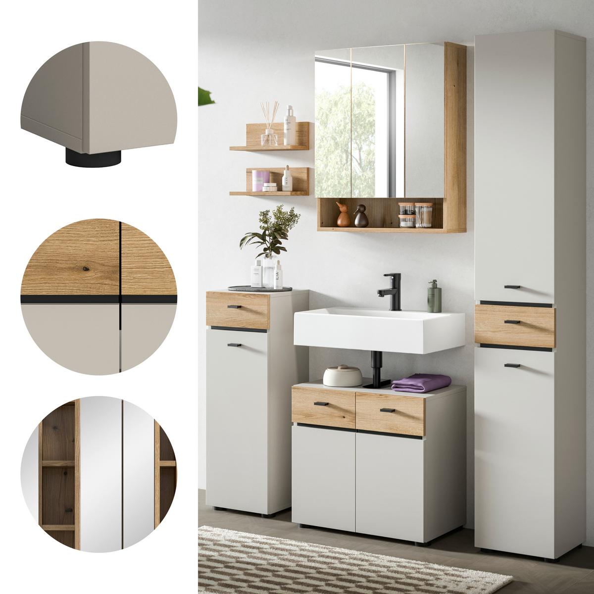 Badezimmer Aqua Kaschmir/Eichefarben B: 124cm - Kaschmir/Eichefarben, Trend, Glas/Holzwerkstoff (124cm) - MID.YOU